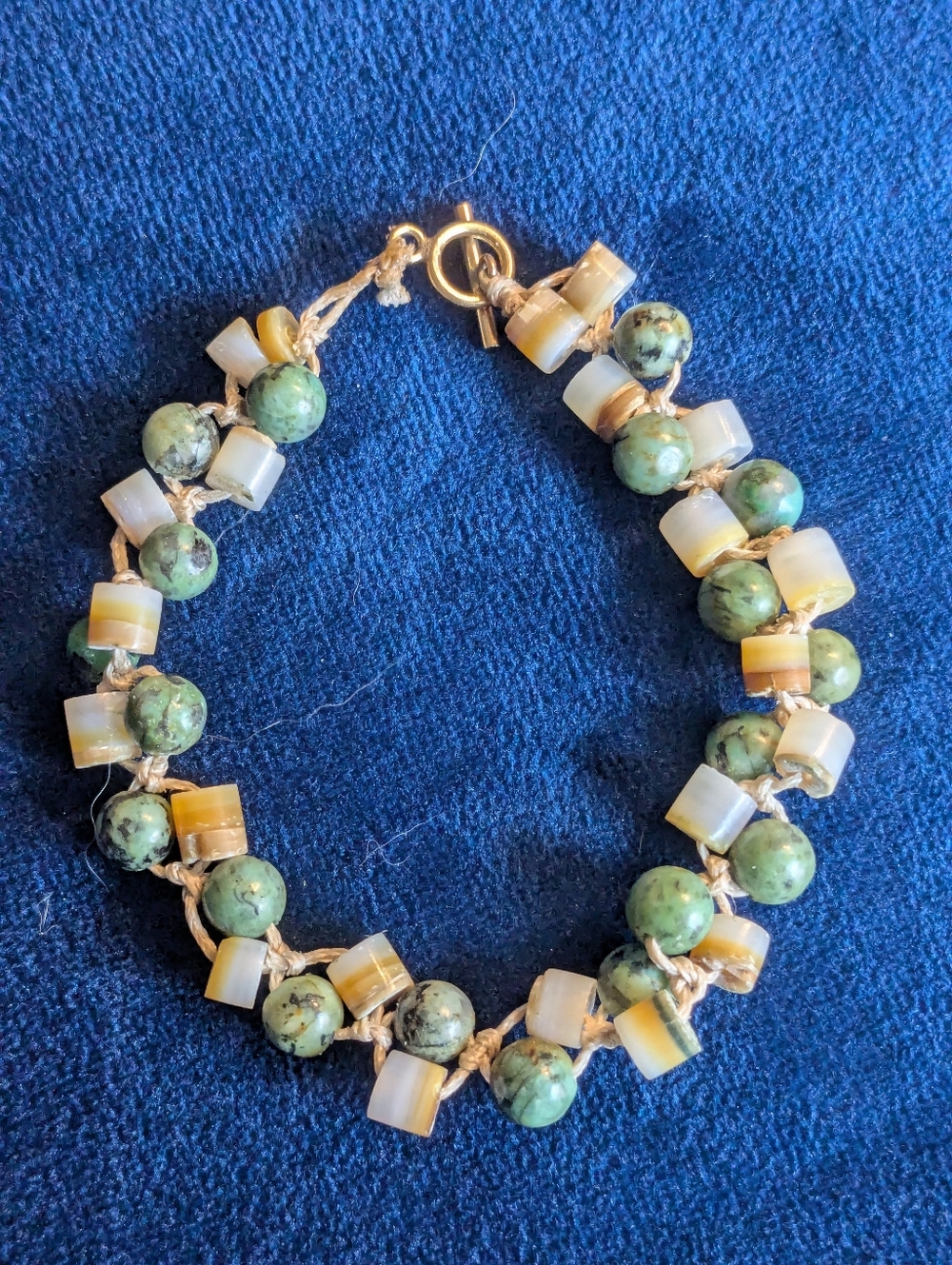 Boho Hand Knotted Green and Cream Stone Beaded Bracelet